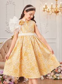 SHEIN Vestido De Jacquard Floral Elegante Para Adolescentes Comprimento De Joelho Com Detalhes De Babados E Laço De Pescoço Redondo Para Férias