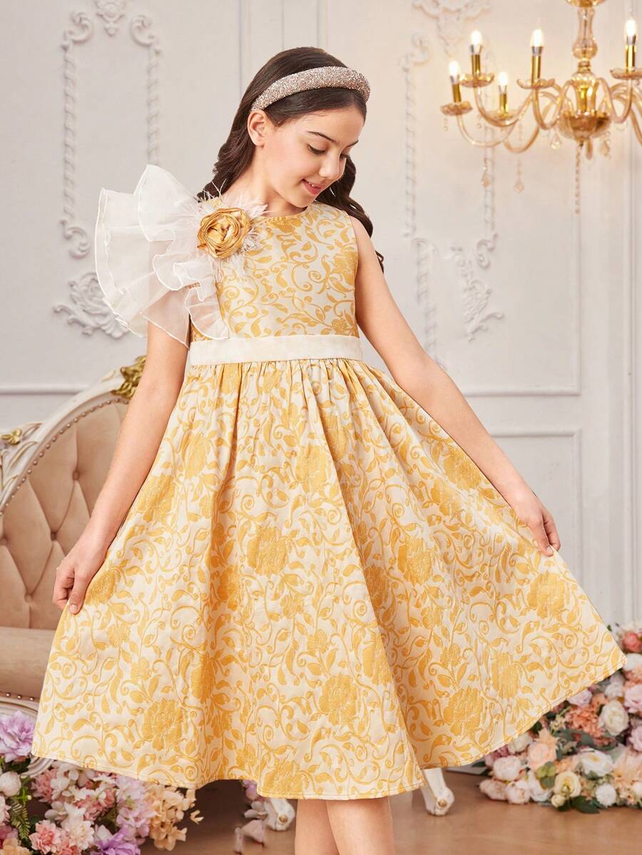 SHEIN Vestido De Jacquard Floral Elegante Para Adolescentes Comprimento De Joelho Com Detalhes De Babados E Laço De Pescoço Redondo Para Férias