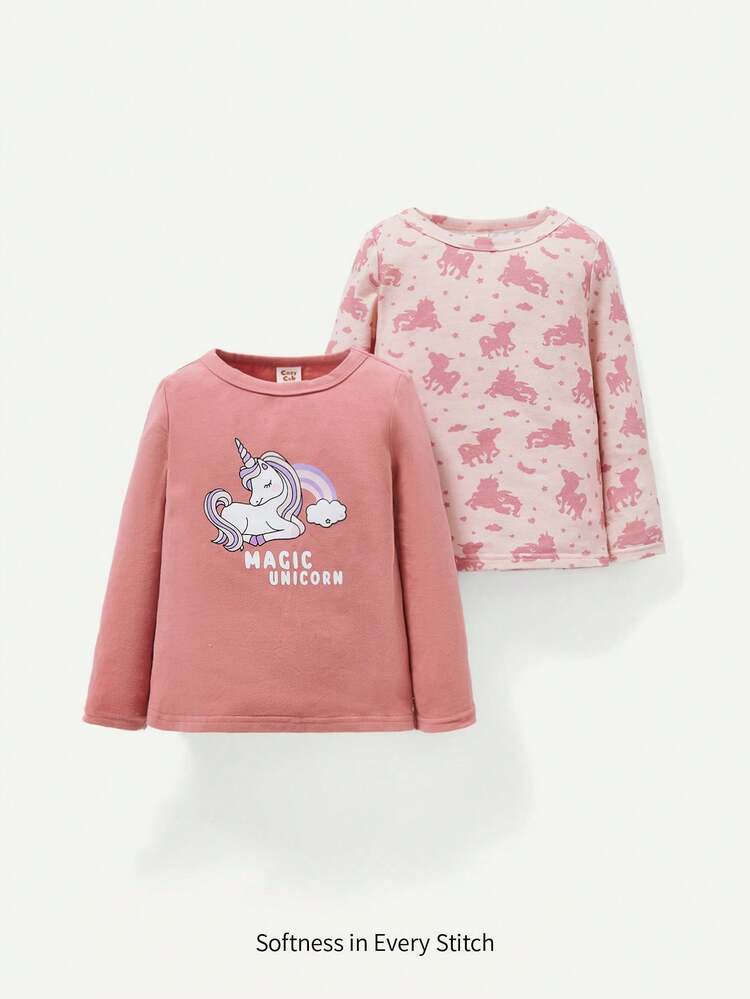 2pcs Baby Girls' Cartoon Animal Pattern Round Neck Shirt With Regular Shoulder