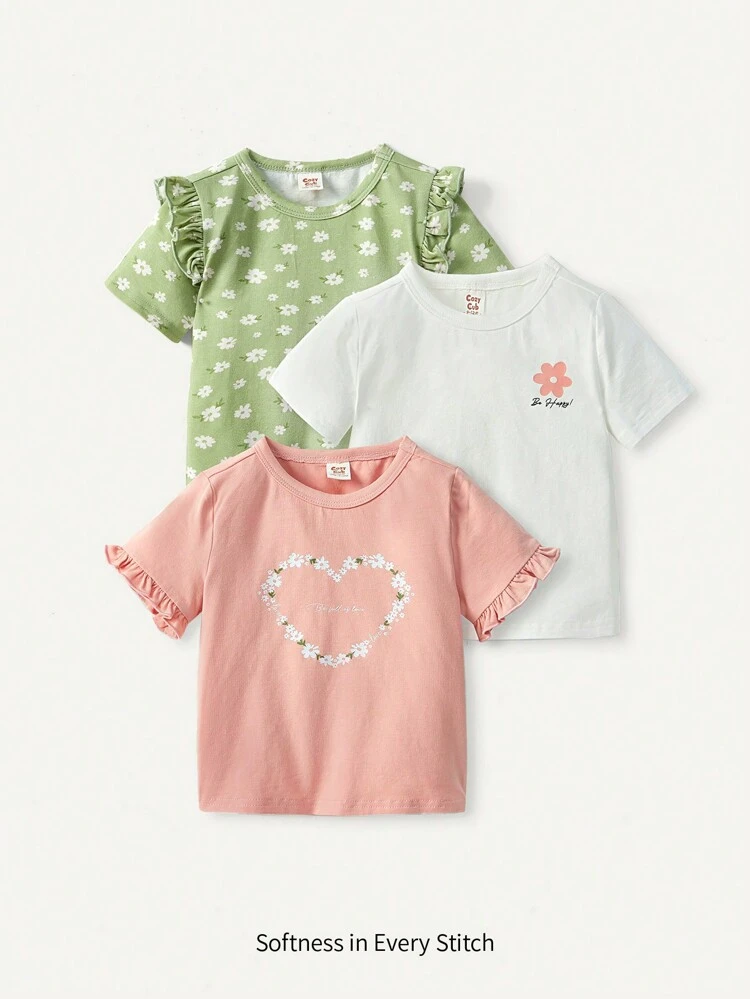 3pcs Baby Girls' Cartoon Pattern Round Neck Ruffle Sleeve Tops Set