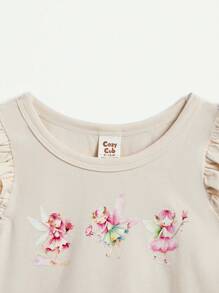 Cozy Pixies Baby Girl Fairy Pattern Round Neck Ruffle Sweatshirt And Pants Set - Apricot - View 7