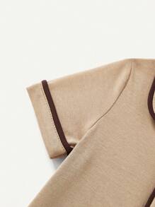 Cozy Pixies Bộ đồ liền thân tay ngắn phối màu cho bé trai sơ sinh có viền tương phản - Màu Khaki - Xem 5