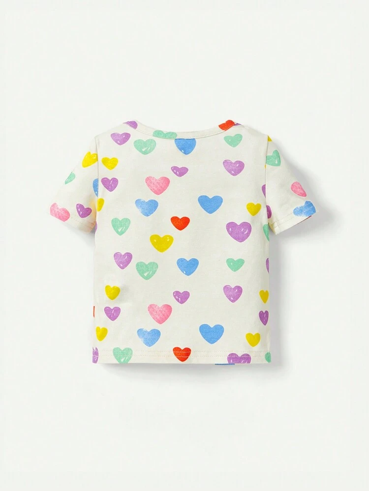 Baby Girl Snug Fit Pajamas, Colorful Heart-Shaped Pattern Round-Neck Short Sleeve Top And Long Pants, 2pcs/Set