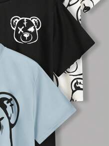 SHEIN Leap Crew 3 cái/bộ Cậu bé Tween Giải trí Hàn Quốc Phong cách In Gấu Vòng cổ Lỏng lẻo phù hợp Đan Ngắn tay Áo thun , 3 Màu sắc - Màu xanh nhạt - Xem 7