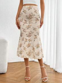 Firerie Ladies' Floral Print Elastic Waistband Mesh Skirt With Mermaid Hem - Apricot - View 4