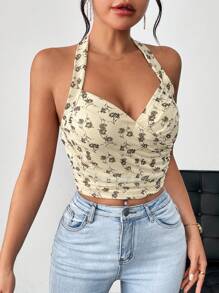 SHEIN Privé Women's Floral Printed Ruffle Decor Halter Neck Top With Tie Neck - Black and White - View 4