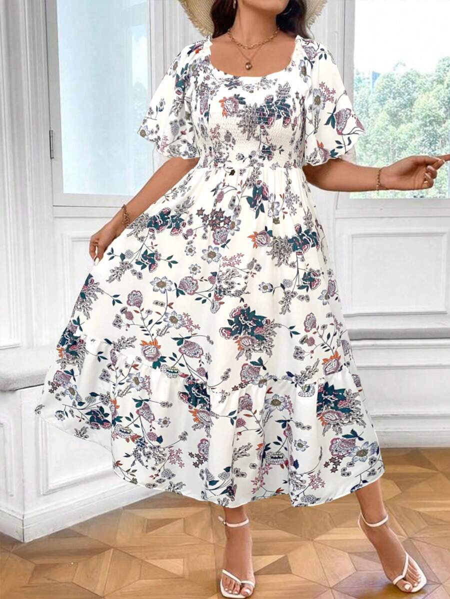 SHEIN LUNE Plus Size Floral Print A-Line Dress With V-Neck For Summer - White - View 1