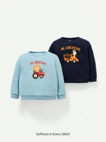 Conjunto De Sudadera Para Bebé Niño Con Cuello Redondo Con Patrón De Carroon De Coche, 2 Piezas - Multicolor - Ver 1