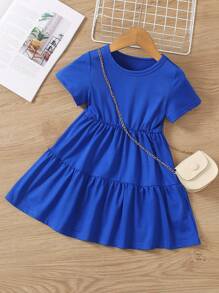 SHEIN Elladie kids 年輕女孩純色簡約圓領短袖裙，帶荷葉邊 - 寶藍色 - 查看 1