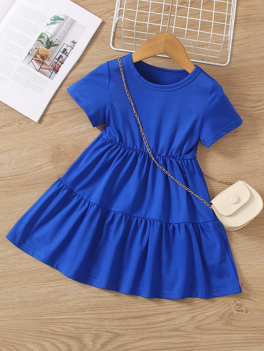 SHEIN Elladie kids 年輕女孩純色簡約圓領短袖裙,帶荷葉邊 - 寶藍色 - 查看 1