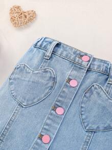 Falda vaquera con cintura elástica de moda para niña joven con bolsillos y botones en forma de corazón