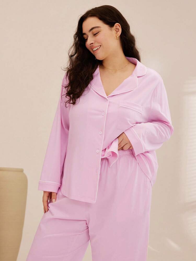 Women Plus Wedding Essential Soft Cotton & Modal Bridal Pink Basic Long Pink Pajama Set Lounge Set Bridal Intimates Fall Pajamas