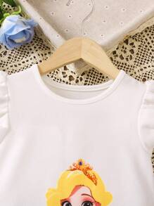 SHEIN Young Girl Summer Mesh Splicing Portrait Printed Dress With Ruffle Detail - Blue - View 5