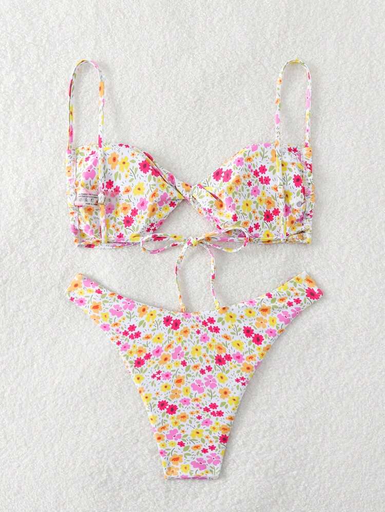 Summer Beach Random Printed Small Flower Bikini Set With Spaghetti Strap Print Swimwear Top And Triangle Swim Briefs