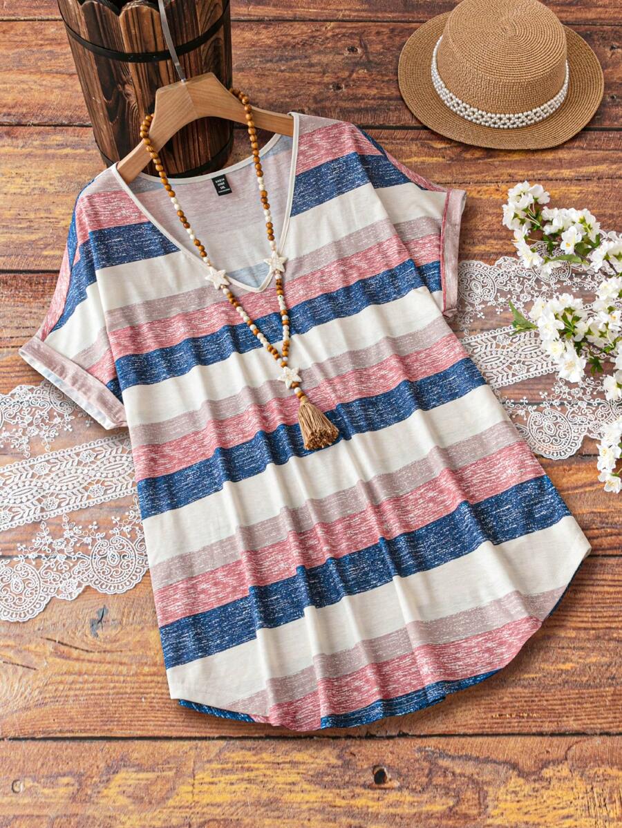 SHEIN LUNE 夏季大尺碼休閒色塊條紋印花蝙蝠袖t恤 - 彩色 - 查看 1