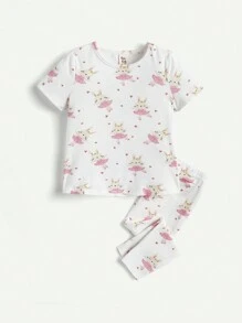 4pcs/Set Baby Girls' Flower Print Rabbit Applique Round Neck Short Sleeve Top And Snug Fit Pants Outfits Matching Set - Multicolor - View 8