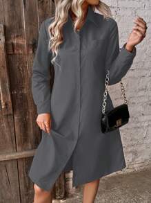 SHEIN LUNE Spring Casual Front Button Shirt Dress With Pockets - Grey - View 3