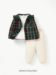 Cozy Pixies Baby Boy Plaid Print Hooded Jacket & Trousers & Tee - Multicolor - View 1