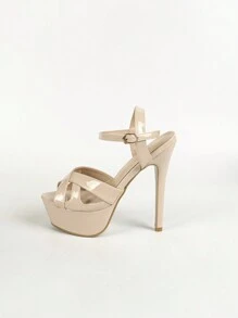 14cm Heel Height Platform Sandals, Waterproof High Heel Shoes With Sparkly Vamp, Peep Toe & Thin Heel For Women
