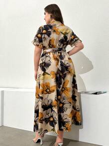 Mulvari Plus Size Women's Fashionable Short-Sleeved Dress With Floral Print Women Outfit, For Summer