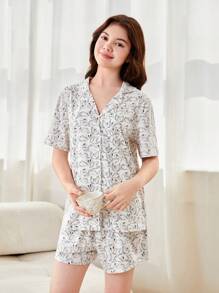 女式印花2件式短褲和短袖休閒家居服 - 白色 - 查看 4