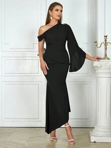 性感简约不对称领口纯色女式连衣裙黑色优雅长袖正式晚会舞会婚礼宾客礼服，适合毕业典礼、晚宴派对 - 黑色 - 查看 3