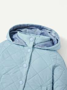 Baby Girl Solid Button Up Hooded Padded Coat - Green - View 3