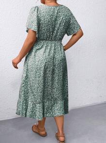 Breezaya Plus Size Kỳ nghỉ hè Mini Ditsy Váy quấn xếp tầng hoa có dây buộc - màu xanh lá - Xem 2