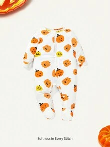 Cozy Pixies 男嬰萬聖節南瓜印花裹身長袖連身衣 - 白色 - 查看 1