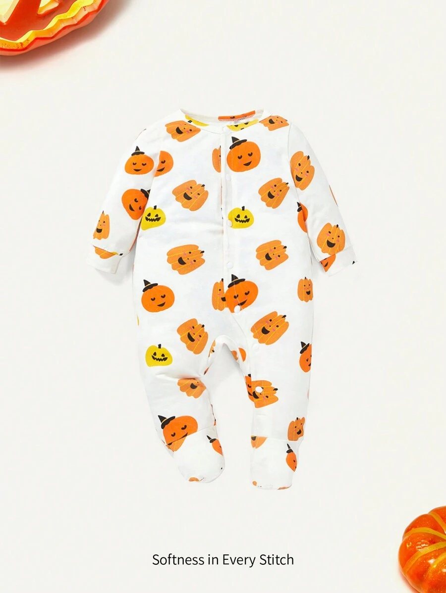 Cozy Pixies 男嬰萬聖節南瓜印花裹身長袖連身衣 - 白色 - 查看 1