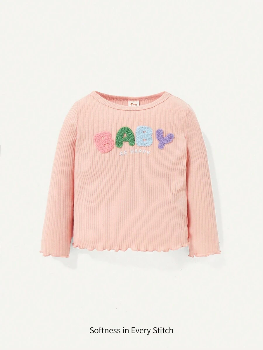 Cozy Pixies Baby Girl Letter Embroidery Lettuce Trim Ribbed Knit Tee - Pink - View 1