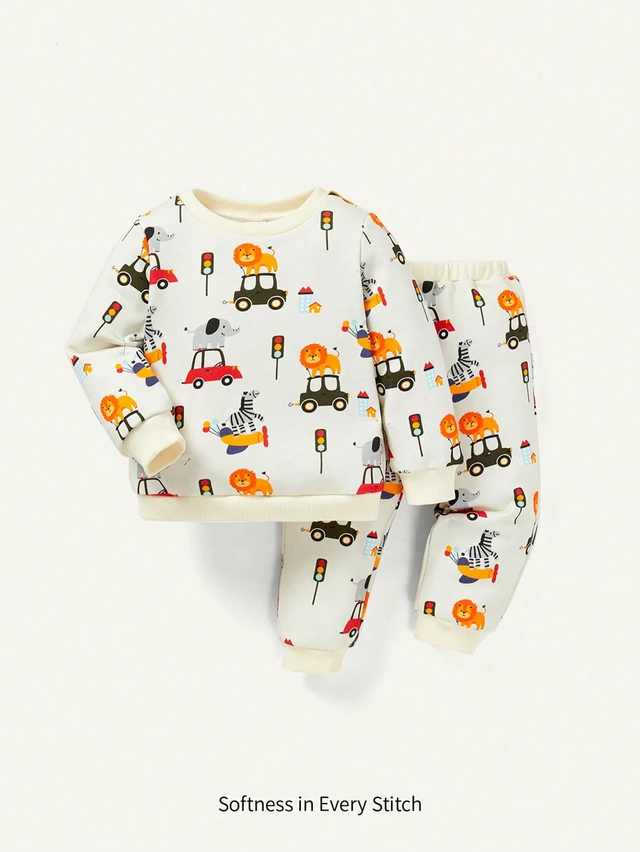 Cozy Pixies Baby Boys Cartoon Graphic Sweatshirt & Sweatpants - Apricot - View 1