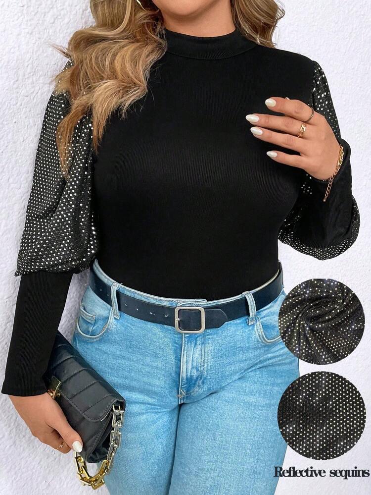 Plus Size Shiny Decor Stand Collar Top With Leg-Of-Mutton Sleeves