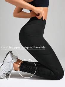 Easithlete Của phụ nữ Màu thuần Thắt lưng rộng Thể thao Legging - màu đen - Xem 1