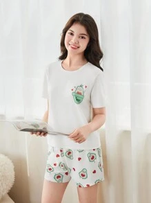 Teen Girl Avocado Print Round Neck Short Sleeve Top And Shorts Casual Pajama Set For Summer - White - View 4