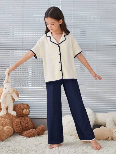 SHEIN Leap Crew Tween Girl 宽松休闲拼接拼色短袖衬衫+长裤两件套家居服套装