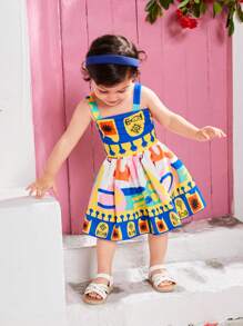 SHEIN Baby Girl Parent-Child Vacation Floral Geometric Pattern Cami Top Elastic Waist Skirt Suit Suitable For Summer