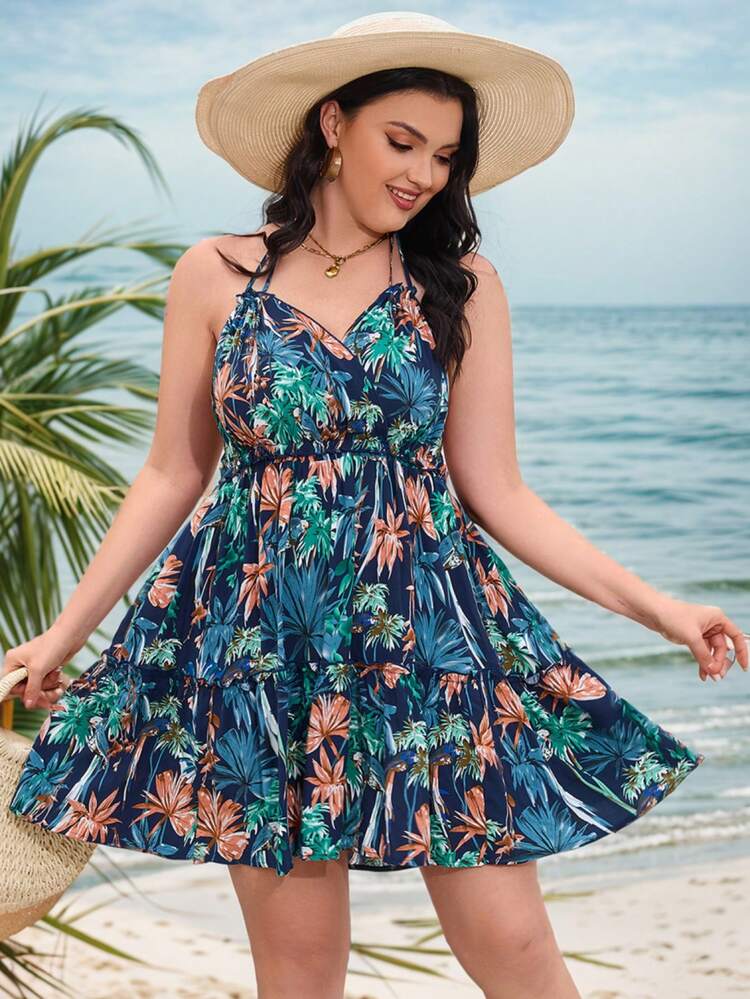 Plus Size Tropical Printed Halter Neck Backless Dressshort Summer Dress Long Beach Dress