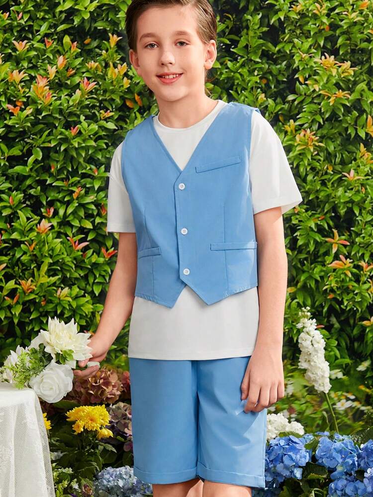 3pcs Tween Boys' Casual Sleeveless Vest, Short Sleeve T-Shirt, And Shorts Set
