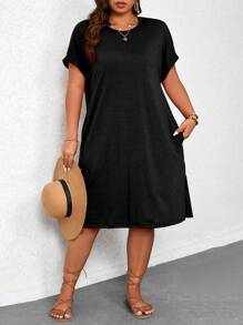 Juhart Plus Size Summer Casual Loose Solid Color Dress - Black - View 3
