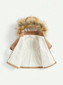 Baby Girl Flap Pocket Fuzzy Trim Hooded Thermal Lined Coat - Khaki - View 3