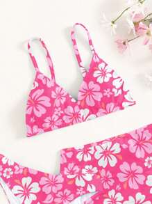 SHEIN 3pcs/Set Tween Girl Flower Printed Bikini Set With Casual & Party Outfits For Beach Vacation, Spring And Summer, Bathing Suit Vacay Vibe Summer Beach Kids Swimming ,Kids Beachwear - Hot Pink - View 4