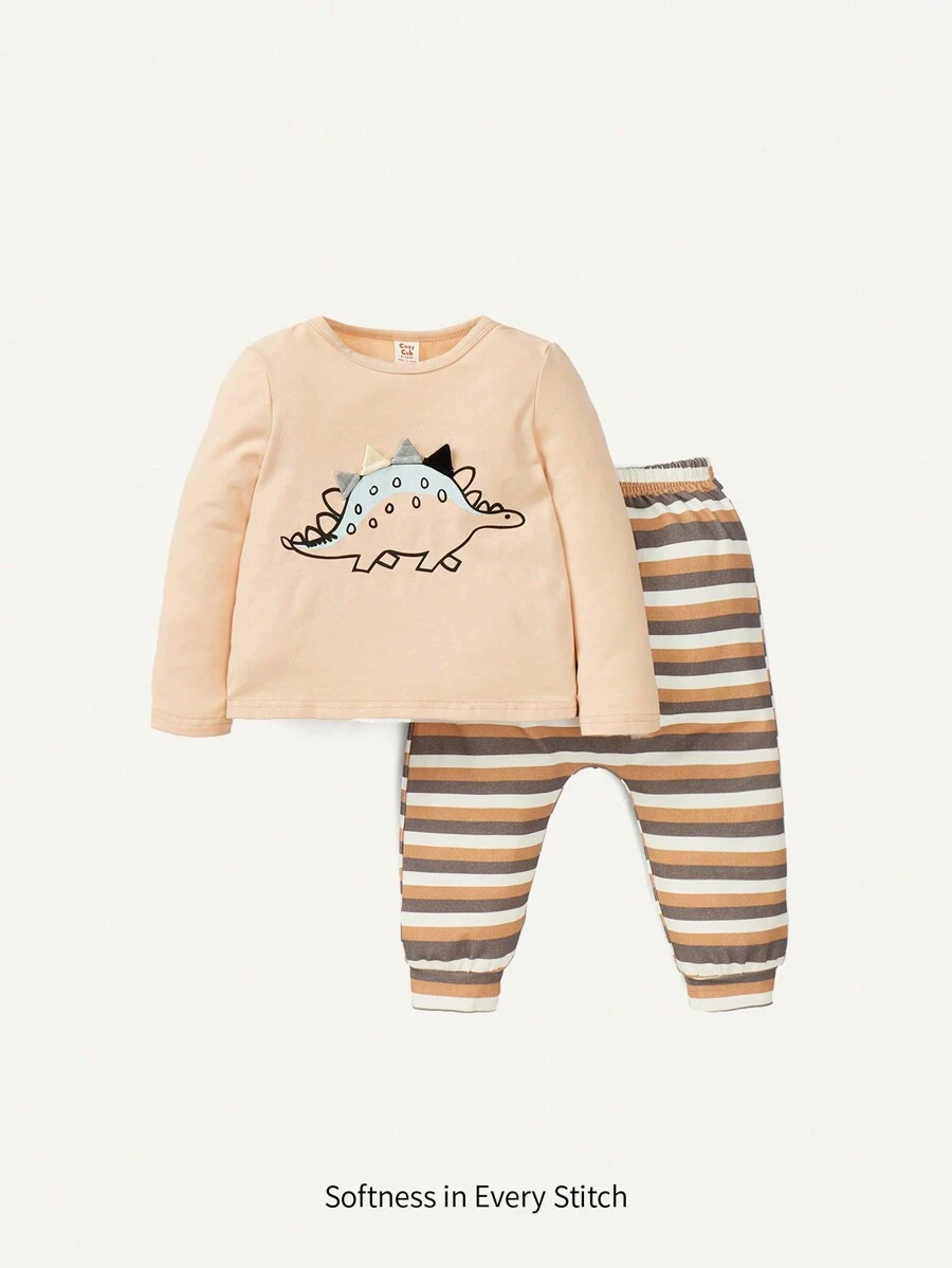 Cozy Pixies Baby Boy Cartoon Dinosaur Pattern Round Neck Top And Striped Printed Elastic Cuff Pants Two-piece Set - Multicolor - View 1