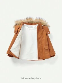 Baby Boy Fuzzy Trim Hooded Thermal Lined Parka Coat Without Tee - Brown - View 1