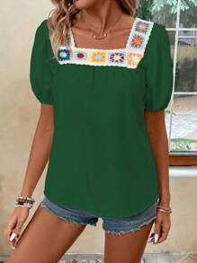 Breezaya Blusa suelta de manga corta con cuello cuadrado y mangas abullonadas para mujer con patrón floral para verano