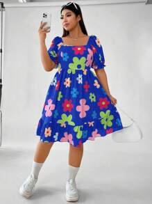 SHEIN Qutie Của phụ nữ Kích thước lớn Đầy màu sắc Hoa In Cổ vuông Đầm - Nhiều màu - Xem 5