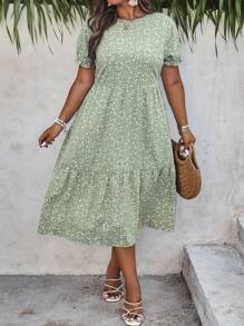 SHEIN Clasi 大码夏日假期随机碎花印花短袖连衣裙 - 綠色 - 查看 4