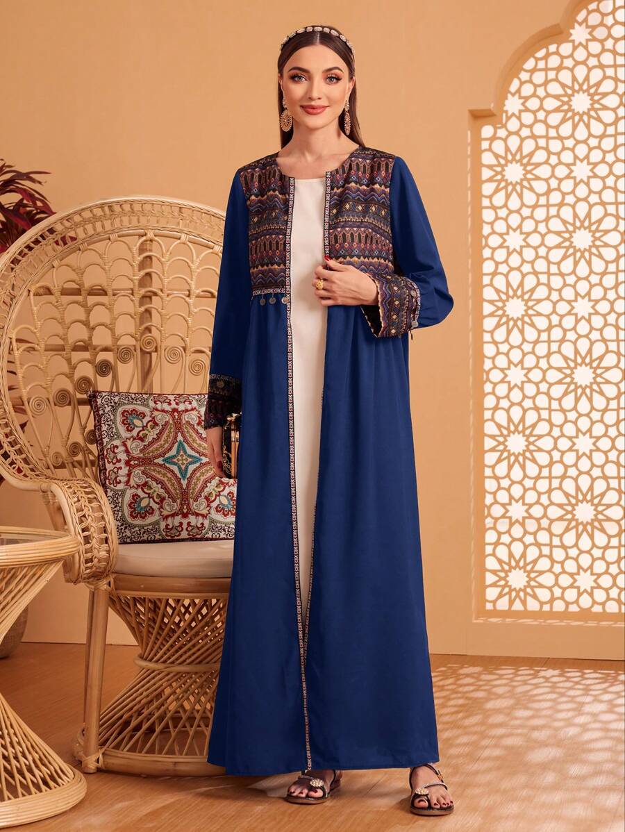 Al Najma Áo Abaya dài tay in họa tiết hình học cho nữ, Áo Abaya thời trang Hồi giáo cho thường ngày/lễ hội/tụ tập/du lịch - Màu xanh hải quân - Xem 1