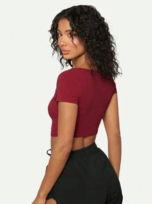 SHEIN BASICS 方領純色t恤 - 酒紅色 - 查看 2