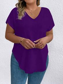 Plus Size Solid Color V-Neck Batwing Sleeve T-Shirt - Purple - View 5